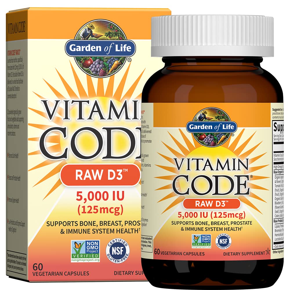 Garden of Life Vitamin D3 5000 IU, Raw Whole Food Supplements with Chlorella, Fruit, Veggies & Probiotics for Bone & Immune Health - Maple Wellness Supplements