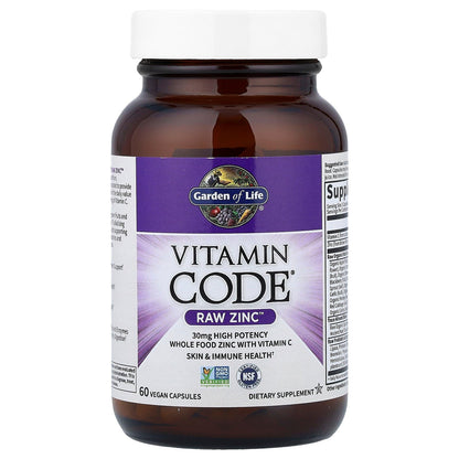 Garden of Life Zinc Supplements 30mg High Potency Raw Zinc and Vitamin C Multimineral Supplement, Vitamin Code Vitamins Trace Minerals & Probiotics - Maple Wellness Supplements