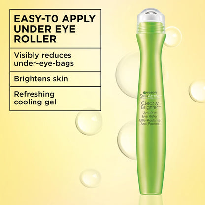 Garnier Clearly Brighter Anti-Puff Eye Roller, Dark Circles Under Eye Treatment with Caffeine and Vitamin C, 0.5 Fl Oz (15mL) - Maple Wellness Supplements