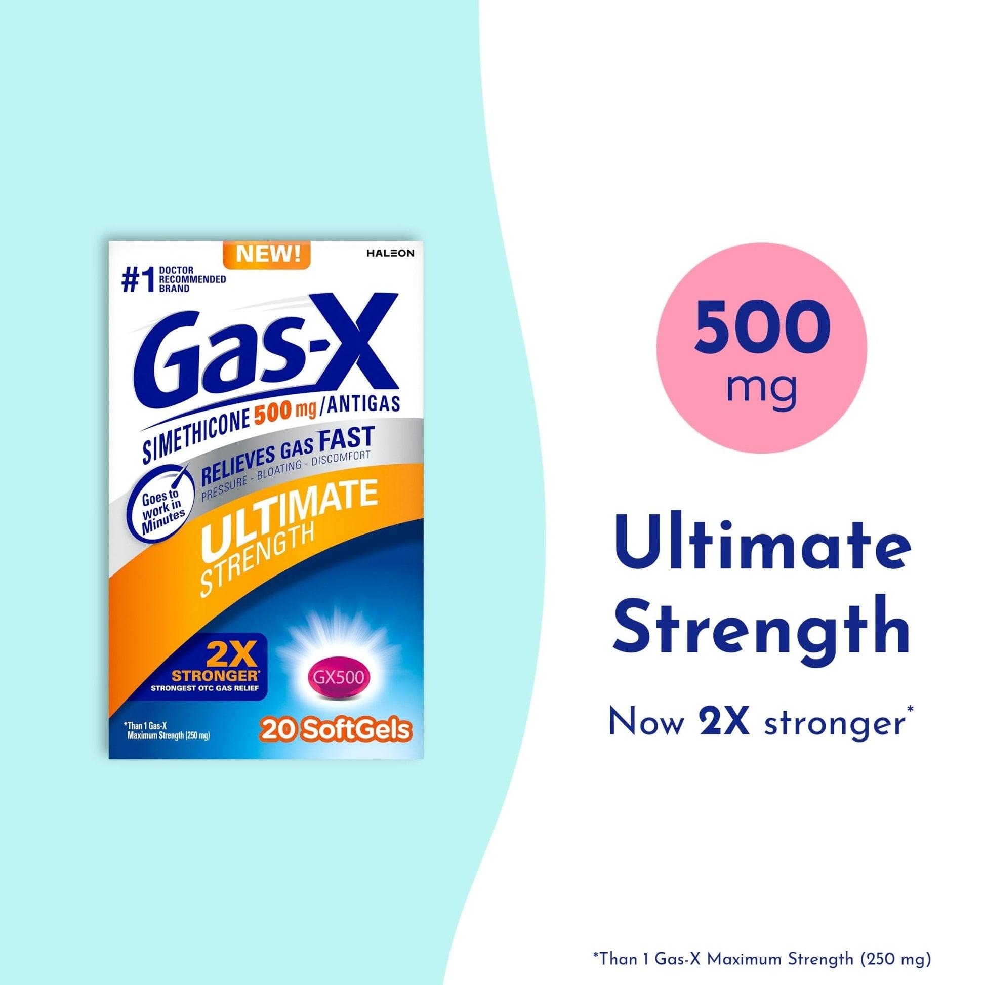 Gas-X Ultimate Strength Gas Relief Softgels with Simethicone 500 mg, Fast Bloating Relief, Anti-Gas, OTC Stomach & Intestinal Gas, Easy to Swallow, 20 Count - Maple Wellness Supplements