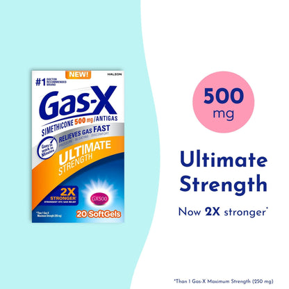 Gas-X Ultimate Strength Gas Relief Softgels with Simethicone 500 mg, Fast Bloating Relief, Anti-Gas, OTC Stomach & Intestinal Gas, Easy to Swallow, 20 Count - Maple Wellness Supplements