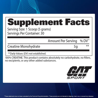 GAT SPORT Creatine Monohydrate Powder, 150 Grams, Strength, Brain Health, GLP1 Support Anti-oxidant, Endurance, for Men & Women, 1 Month Supply, Unflavored (30 Servings) - Maple Wellness Supplements