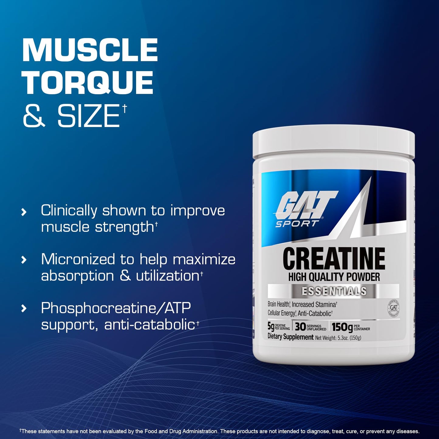GAT SPORT Creatine Monohydrate Powder, 150 Grams, Strength, Brain Health, GLP1 Support Anti-oxidant, Endurance, for Men & Women, 1 Month Supply, Unflavored (30 Servings) - Maple Wellness Supplements