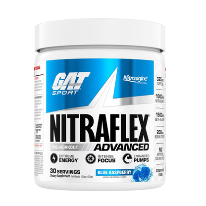 GAT SPORT Nitraflex Advanced Pre-Workout Powder, Increases Blood Flow, Boosts Strength and Energy, Improves Exercise Performance, (Blue Raspberry, 30 Servings) - Maple Wellness Supplements