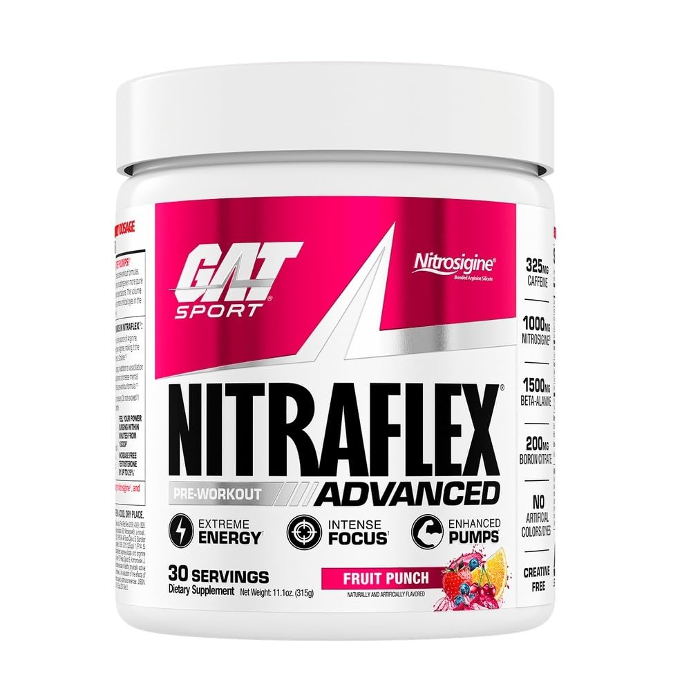 GAT SPORT Nitraflex Advanced Pre-Workout Powder, Increases Blood Flow, Boosts Strength and Energy, Improves Exercise Performance, Men & Women (Fruit Punch, 30 Servings) - Maple Wellness Supplements