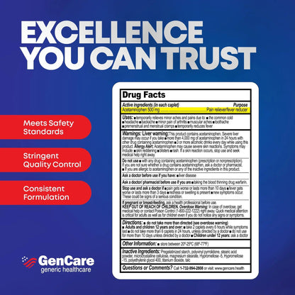 GenCare - Acetaminophen 500mg Extra Strength Pain Relief (300 Caplets) - Multi Symptom Pain Reliever for Headache, Sinus, Arthritis, Back Pain Muscle Ache, Toothache, Fever Reducer, Migraine - Maple Wellness Supplements
