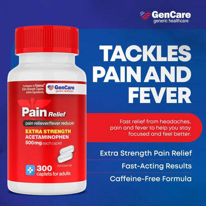 GenCare - Acetaminophen 500mg Extra Strength Pain Relief (300 Caplets) - Multi Symptom Pain Reliever for Headache, Sinus, Arthritis, Back Pain Muscle Ache, Toothache, Fever Reducer, Migraine - Maple Wellness Supplements