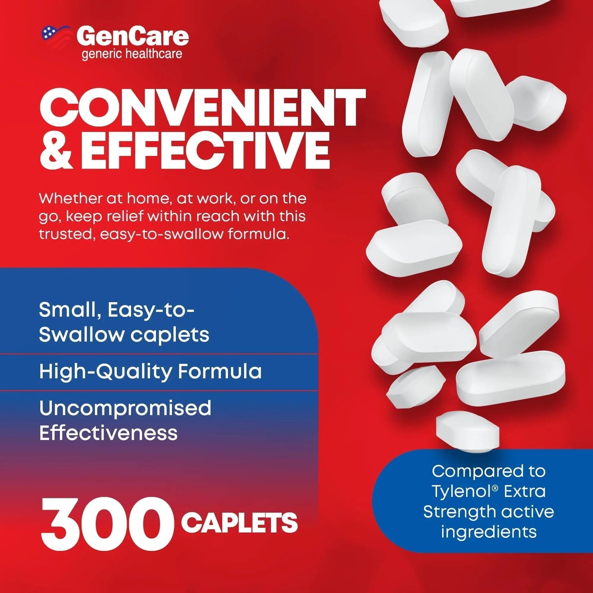 GenCare - Acetaminophen 500mg Extra Strength Pain Relief (300 Caplets) - Multi Symptom Pain Reliever for Headache, Sinus, Arthritis, Back Pain Muscle Ache, Toothache, Fever Reducer, Migraine - Maple Wellness Supplements