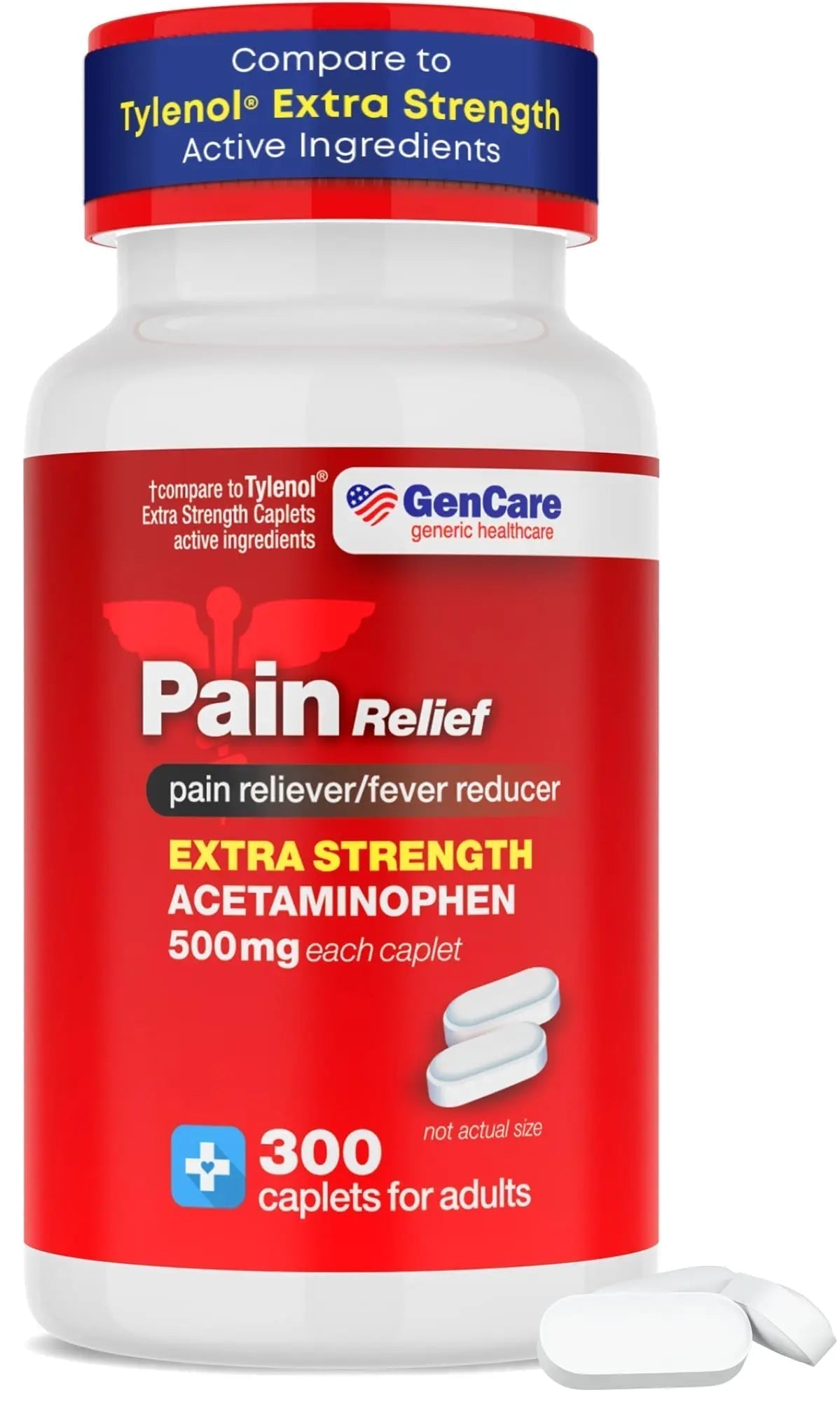 GenCare - Acetaminophen 500mg Extra Strength Pain Relief (300 Caplets) - Multi Symptom Pain Reliever for Headache, Sinus, Arthritis, Back Pain Muscle Ache, Toothache, Fever Reducer, Migraine - Maple Wellness Supplements