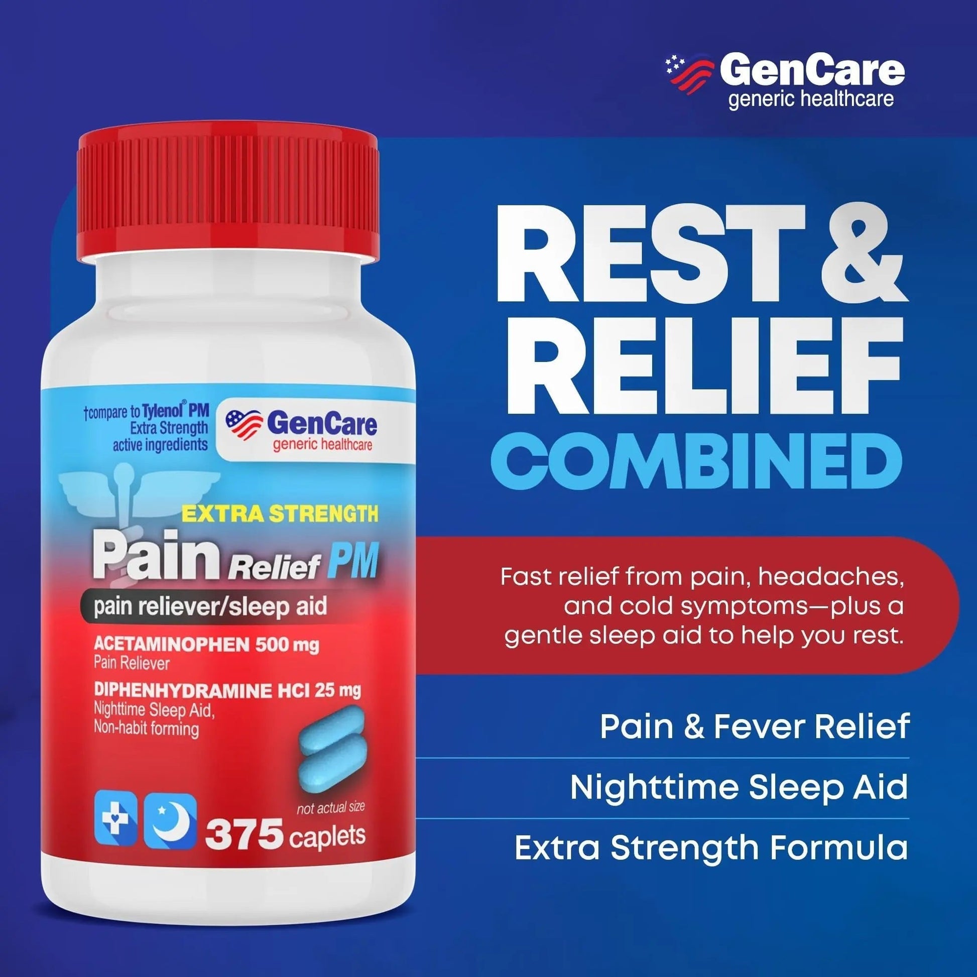 GenCare Extra Strength Acetaminophen PM 500 mg (375 Tablets) | Ultimate Pain Relief & Sleep Support for Adults | Quick Acting & Non Habit Forming Headache Relief | Eases Aches & Joint Discomfort - Maple Wellness Supplements