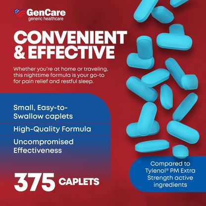GenCare Extra Strength Acetaminophen PM 500 mg (375 Tablets) | Ultimate Pain Relief & Sleep Support for Adults | Quick Acting & Non Habit Forming Headache Relief | Eases Aches & Joint Discomfort - Maple Wellness Supplements