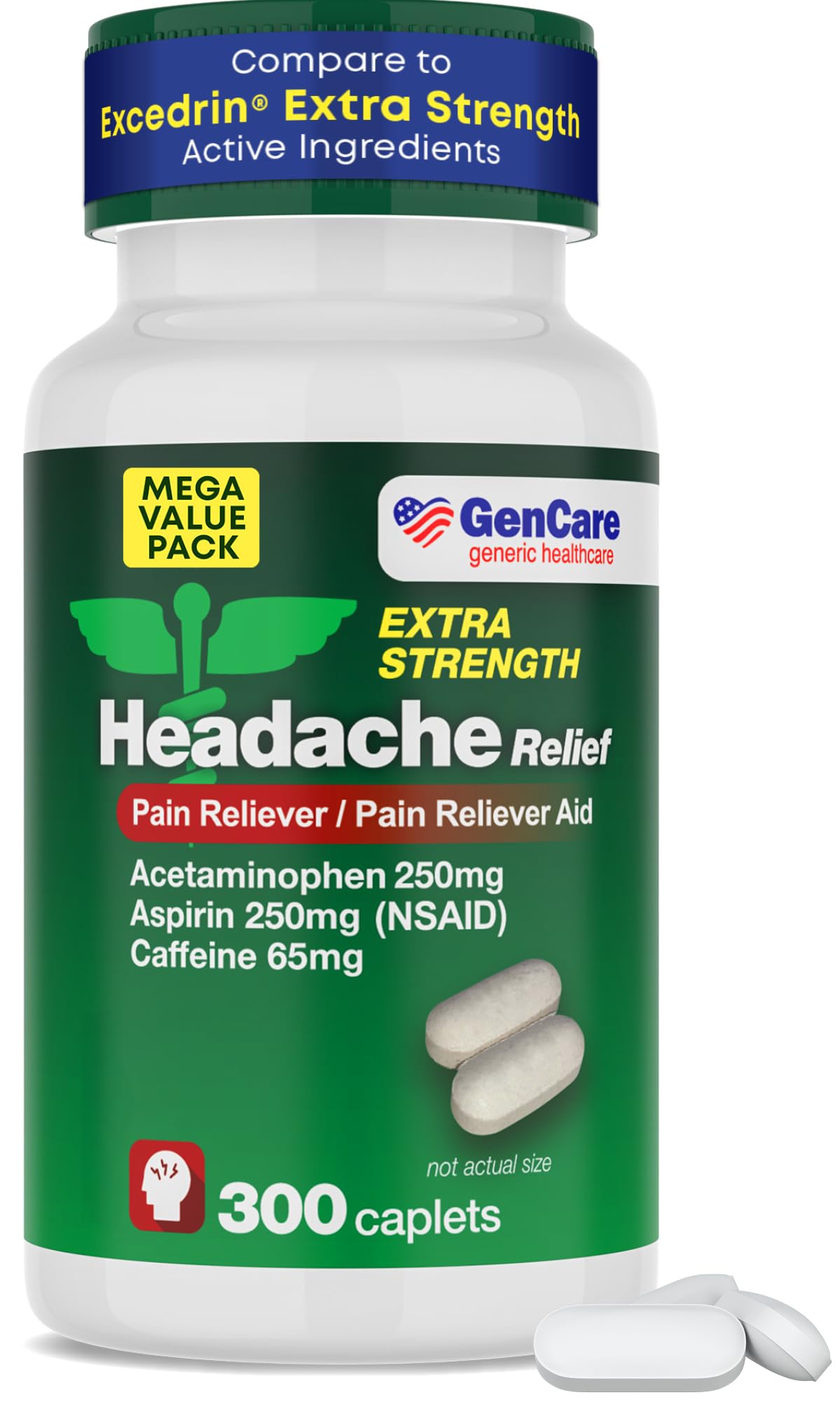 GenCare - Headache Relief Acetaminophen with Aspirin (NSAID) & Caffeine (300 Caplets) Value Pack | Head Pain, Muscle Aches, Back Pain & Body | Generic ExcedrEn Extra Strength - Maple Wellness Supplements