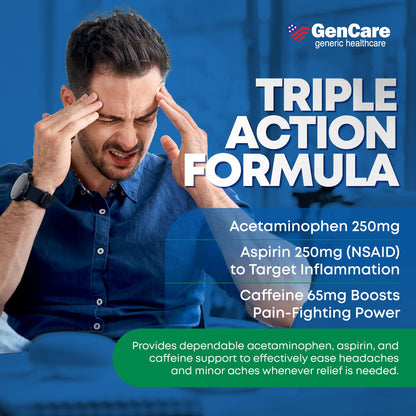 GenCare - Headache Relief Acetaminophen with Aspirin (NSAID) & Caffeine (300 Caplets) Value Pack | Head Pain, Muscle Aches, Back Pain & Body | Generic ExcedrEn Extra Strength - Maple Wellness Supplements