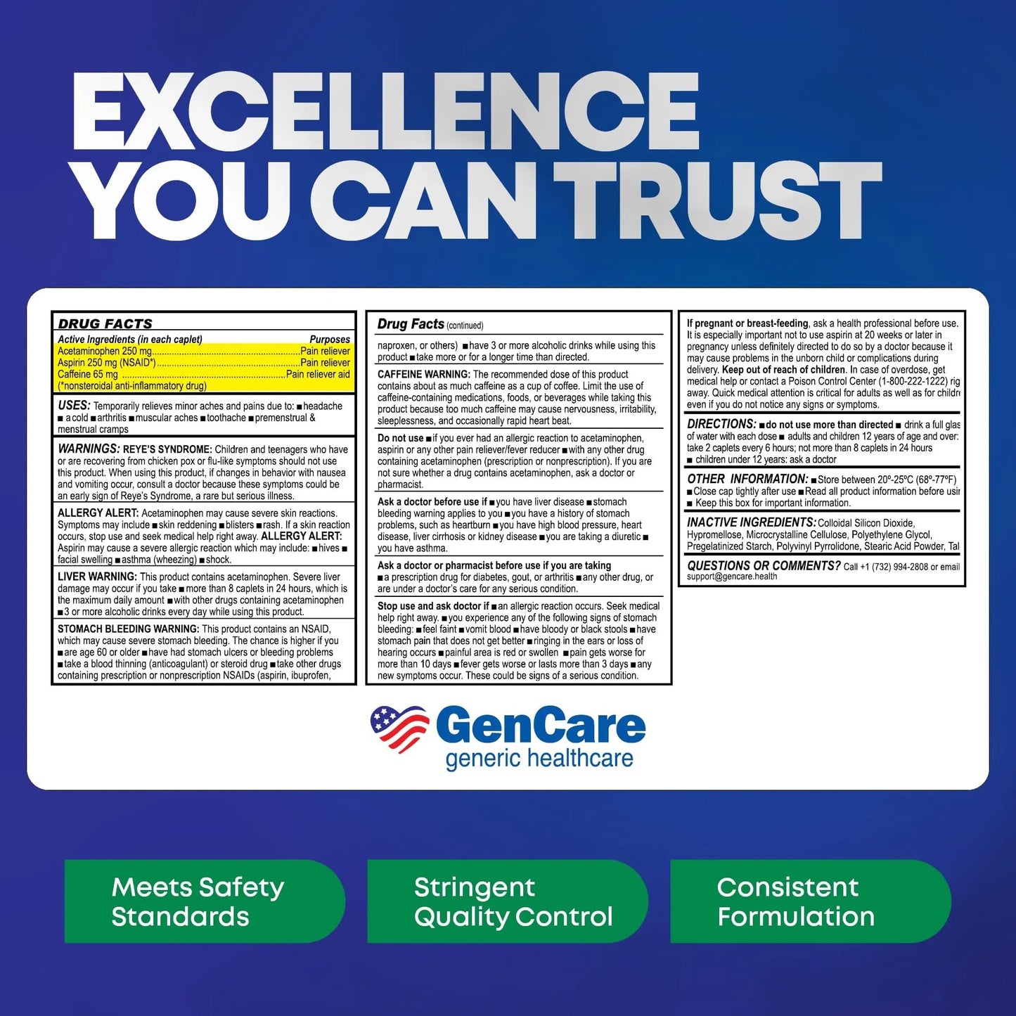 GenCare - Headache Relief Acetaminophen with Aspirin (NSAID) & Caffeine (300 Caplets) Value Pack | Head Pain, Muscle Aches, Back Pain & Body | Generic ExcedrEn Extra Strength - Maple Wellness Supplements