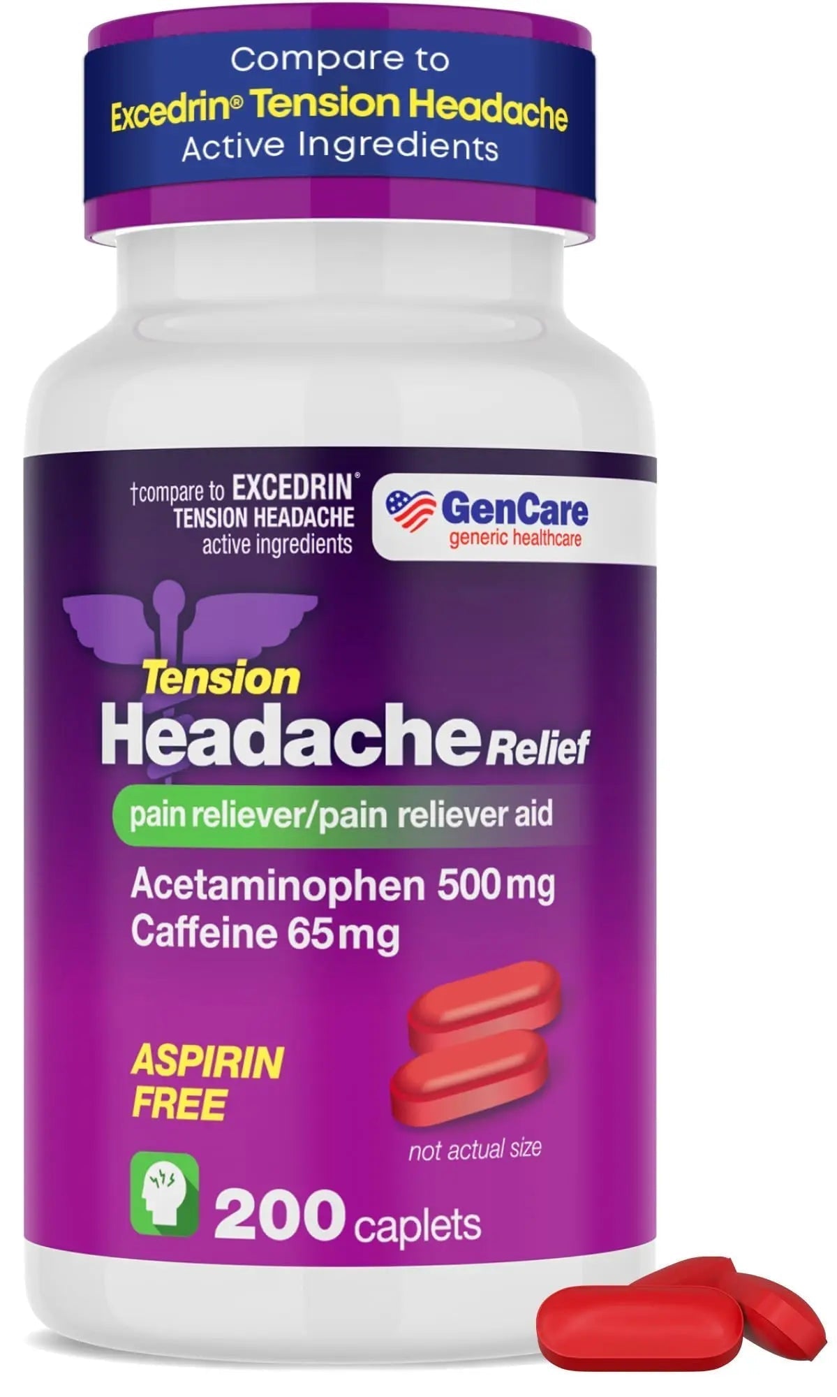 GenCare - Tension Headache Relief Pain Reliever with Acetaminophen 500 mg & Caffeine 65 mg (200 Caplets) Best Value Bulk Extra Strength for Head, Migraine, Joint Pain & Body Ache Relief Medicine - Maple Wellness Supplements