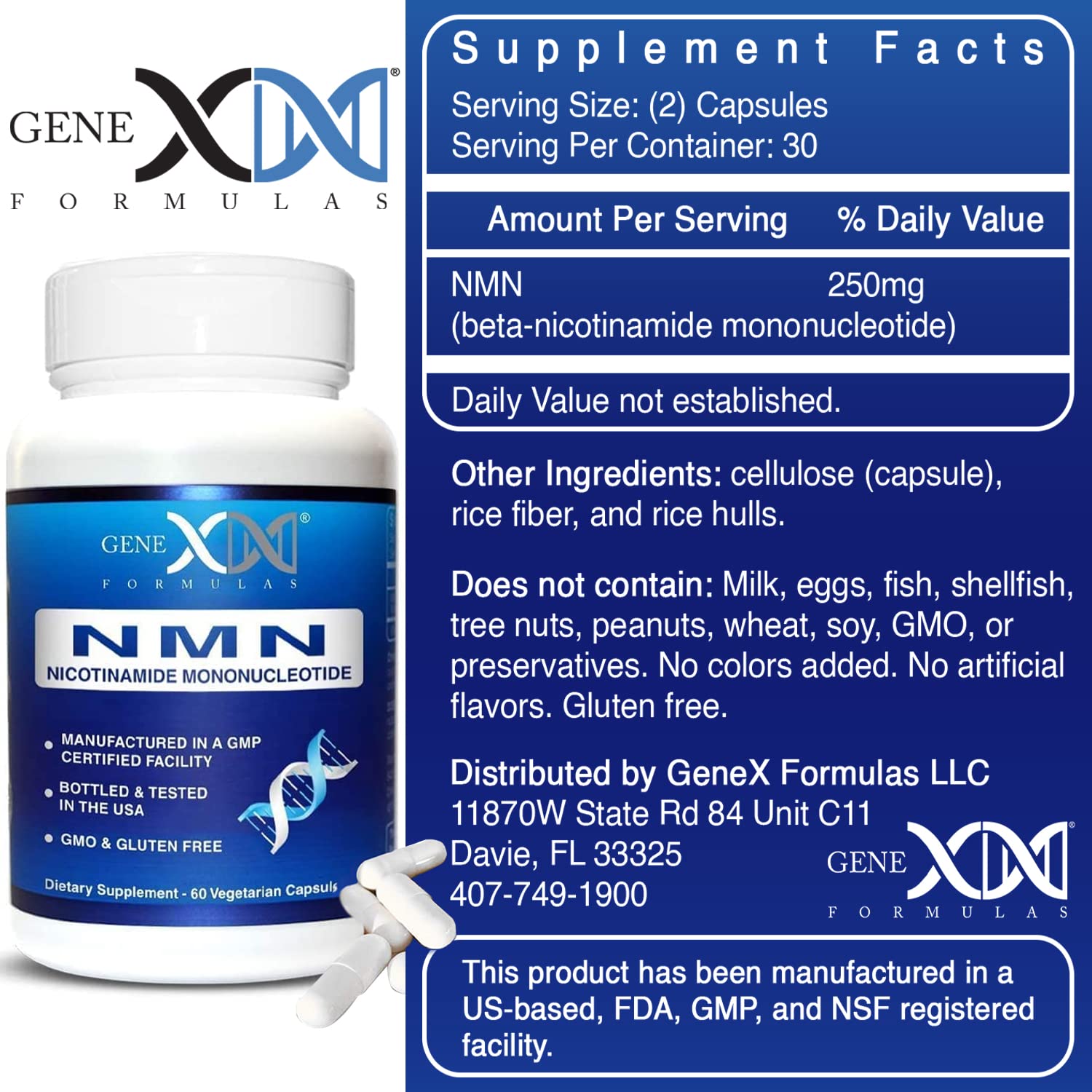 Genex Formulas NMN 250mg - Stabilized Form (60 Capsules), 99% Pure Supplement Capsules for Increased NAD Levels, DNA Repair - Maple Wellness Supplements