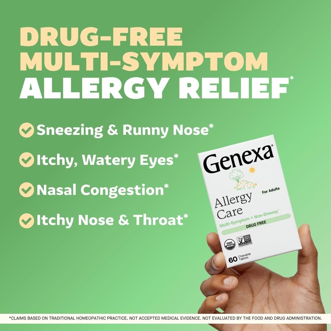 Genexa Allergy Care | Drug Free, Non-Drowsy Allergy & Decongestant Remedy for Adults | Vegan & Non-GMO | Homeopathic Allergy Relief Made Clean | Organic Acai Berry Flavor | 60 Chewable Tablets - Maple Wellness Supplements