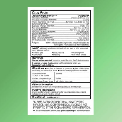 Genexa Allergy Care | Drug Free, Non-Drowsy Allergy & Decongestant Remedy for Adults | Vegan & Non-GMO | Homeopathic Allergy Relief Made Clean | Organic Acai Berry Flavor | 60 Chewable Tablets - Maple Wellness Supplements