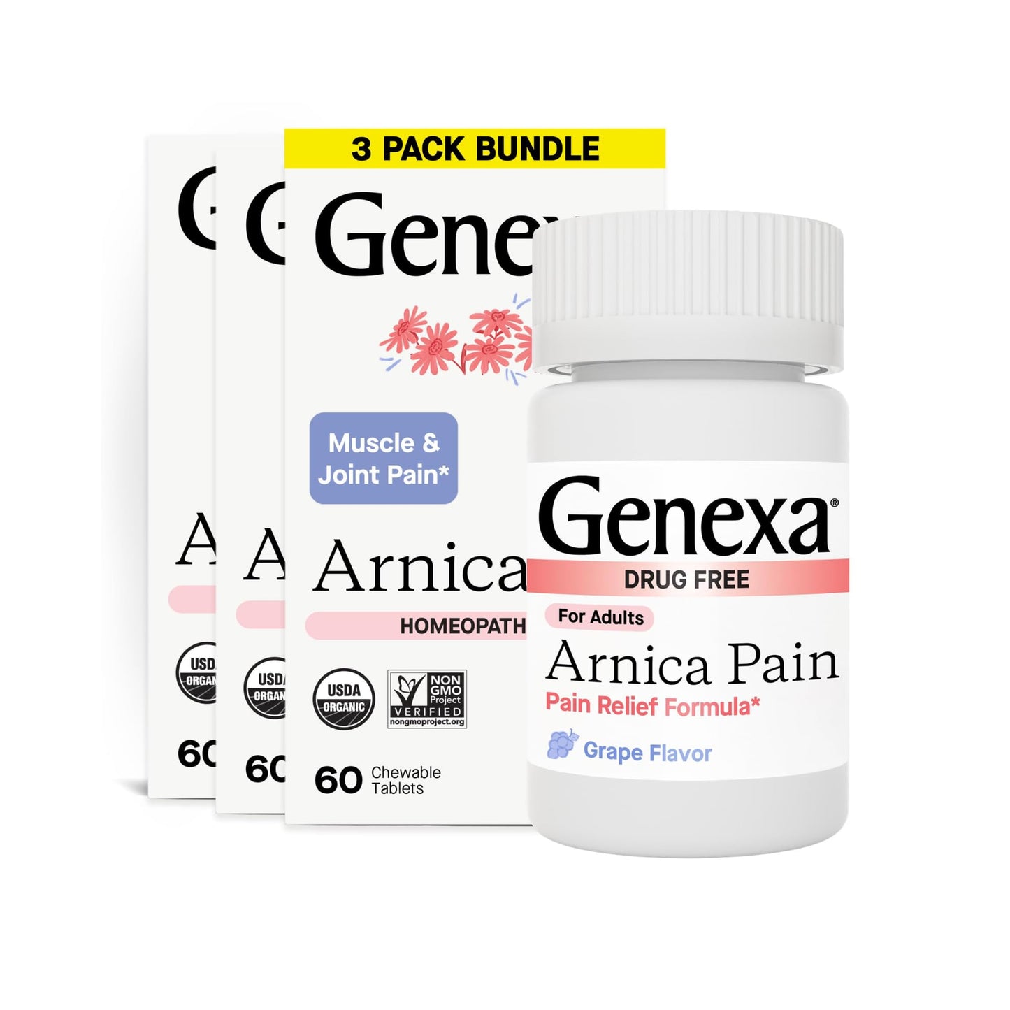 Genexa Arnica Tablets for Pain Relief Formula | Alleviate Muscle & Joint Pain, Soreness, & Stiffness | Delicious Organic Grape Flavor | Homeopathic Remedy Made Clean | 300 Chewable Tablets (3 Pack) - Maple Wellness Supplements