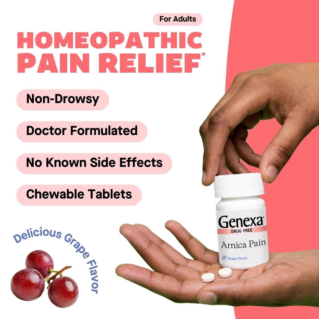 Genexa Arnica Tablets for Pain Relief Formula | Alleviate Muscle & Joint Pain, Soreness, & Stiffness | Delicious Organic Grape Flavor | Homeopathic Remedy Made Clean | 300 Chewable Tablets (3 Pack) - Maple Wellness Supplements