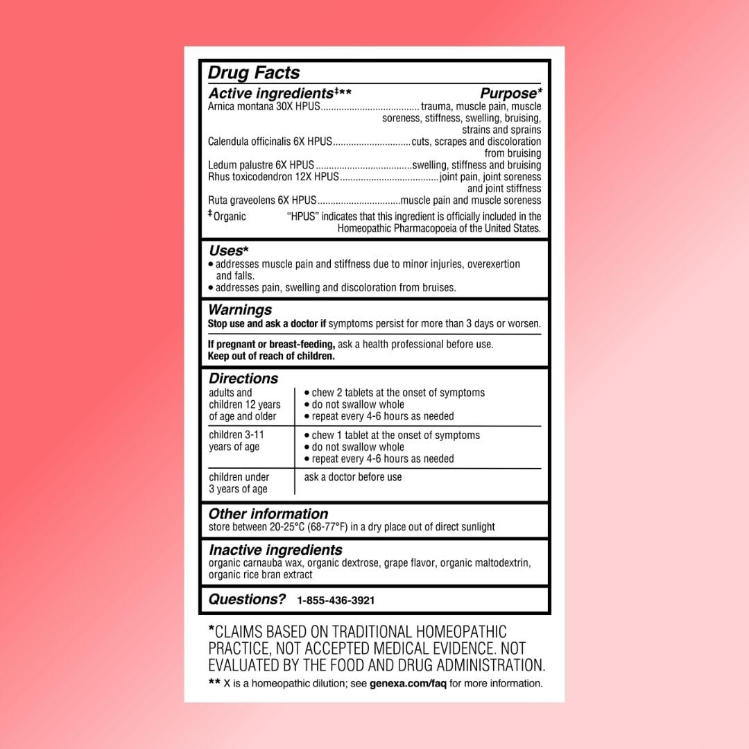 Genexa Arnica Tablets for Pain Relief Formula | Alleviate Muscle & Joint Pain, Soreness, & Stiffness | Delicious Organic Grape Flavor | Homeopathic Remedy Made Clean | 300 Chewable Tablets (3 Pack) - Maple Wellness Supplements