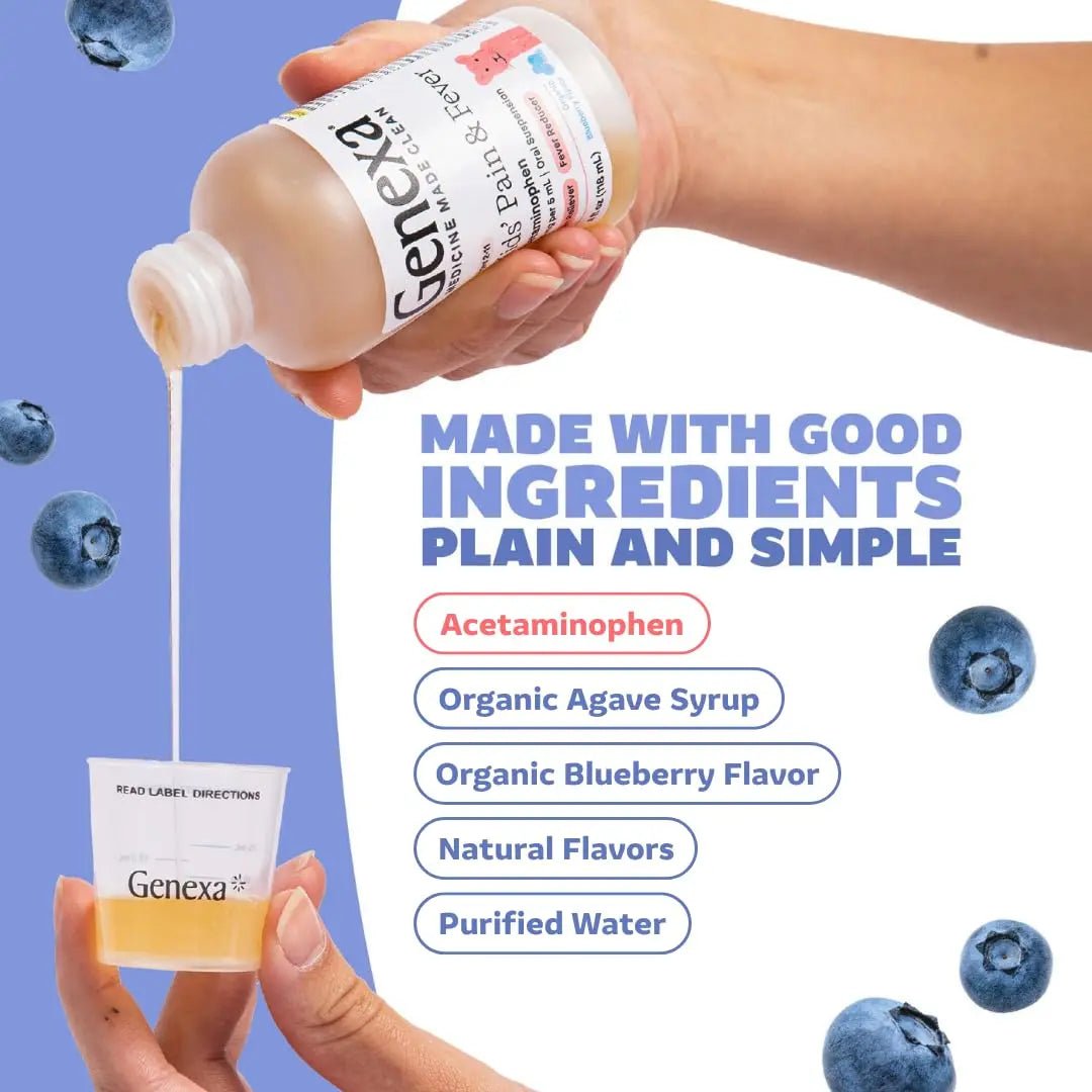 Genexa Children's Clean Acetaminophen | Pediatrician Preferred Ingredients | Pain & Fever Reducer for Kids | Dye Free, 0% Artificial Additives | Ages 2-11, Delicious Organic Blueberry Liquid, 4 fl oz - Maple Wellness Supplements