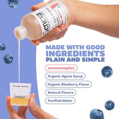 Genexa Children's Clean Acetaminophen | Pediatrician Preferred Ingredients | Pain & Fever Reducer for Kids | Dye Free, 0% Artificial Additives | Ages 2-11, Delicious Organic Blueberry Liquid, 4 fl oz - Maple Wellness Supplements