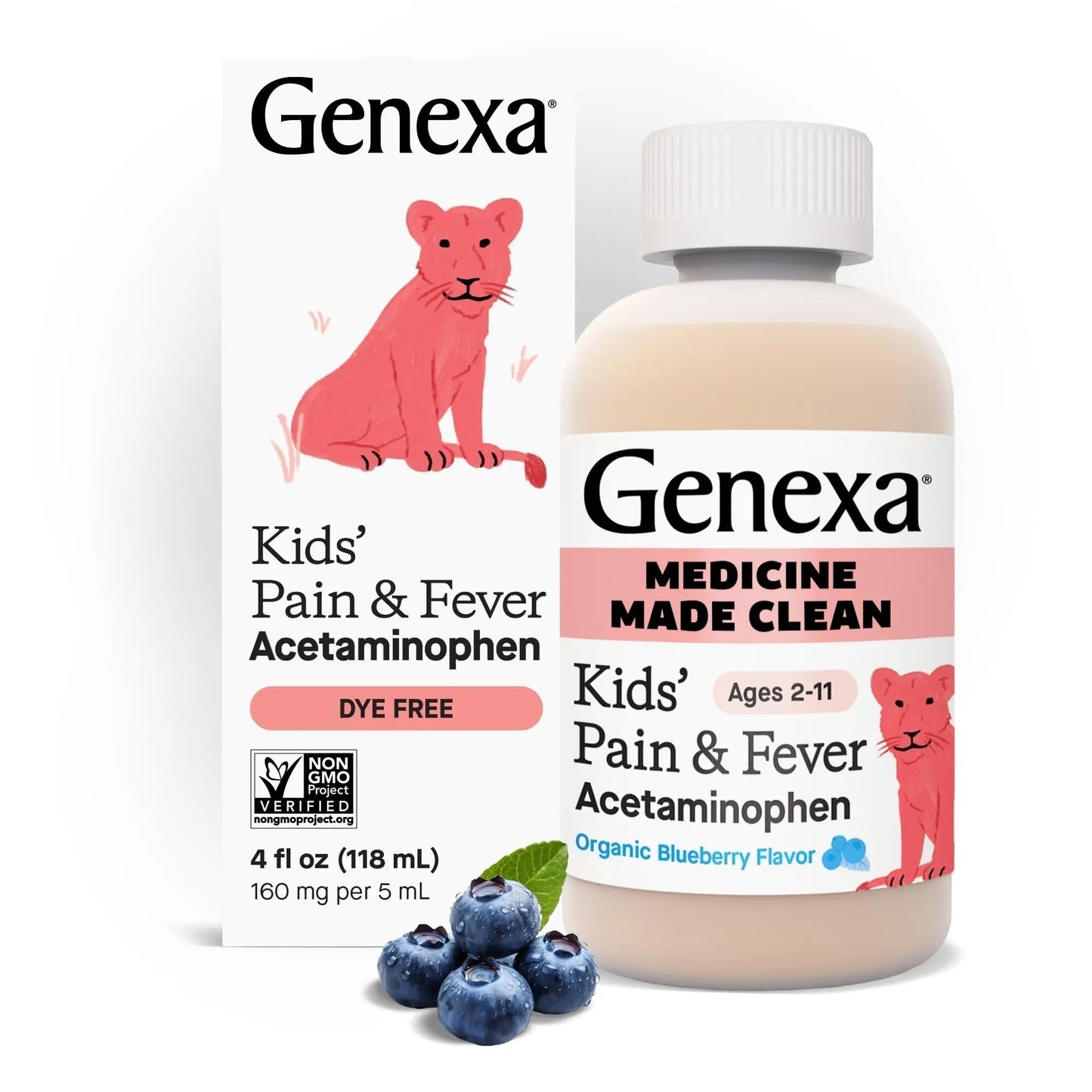 Genexa Children's Clean Acetaminophen | Pediatrician Preferred Ingredients | Pain & Fever Reducer for Kids | Dye Free, 0% Artificial Additives | Ages 2-11, Delicious Organic Blueberry Liquid, 4 fl oz - Maple Wellness Supplements