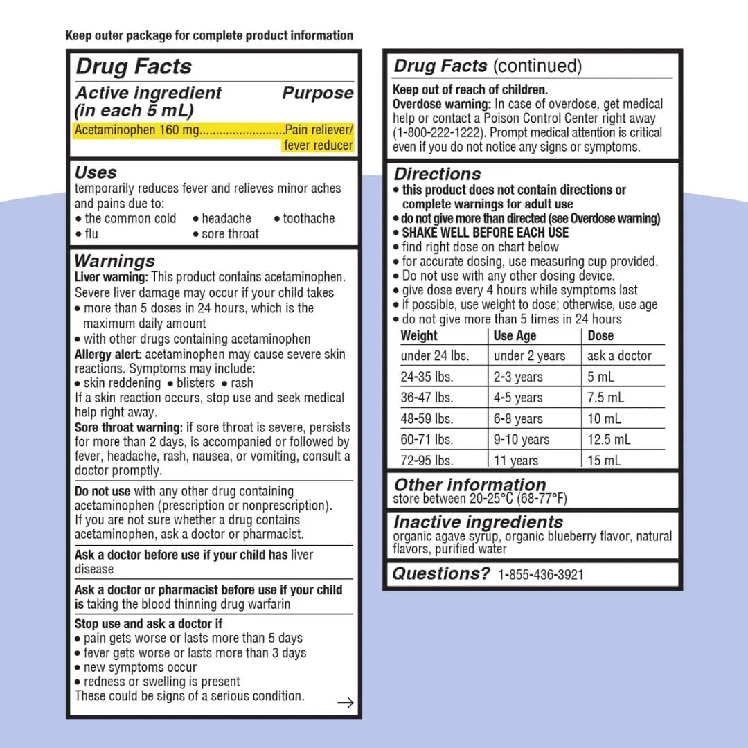 Genexa Children's Clean Acetaminophen | Pediatrician Preferred Ingredients | Pain & Fever Reducer for Kids | Dye Free, 0% Artificial Additives | Ages 2-11, Delicious Organic Blueberry Liquid, 4 fl oz - Maple Wellness Supplements
