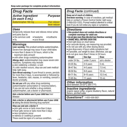 Genexa Children's Clean Acetaminophen | Pediatrician Preferred Ingredients | Pain & Fever Reducer for Kids | Dye Free, 0% Artificial Additives | Ages 2-11, Delicious Organic Blueberry Liquid, 4 fl oz - Maple Wellness Supplements