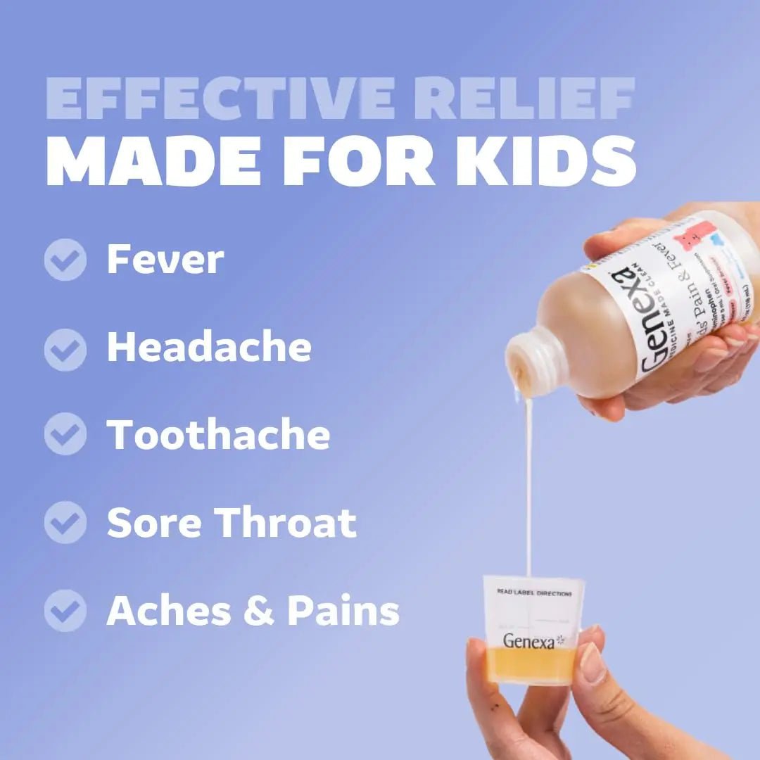 Genexa Children's Clean Acetaminophen | Pediatrician Preferred Ingredients | Pain & Fever Reducer for Kids | Dye Free, 0% Artificial Additives | Ages 2-11, Delicious Organic Blueberry Liquid, 4 fl oz - Maple Wellness Supplements