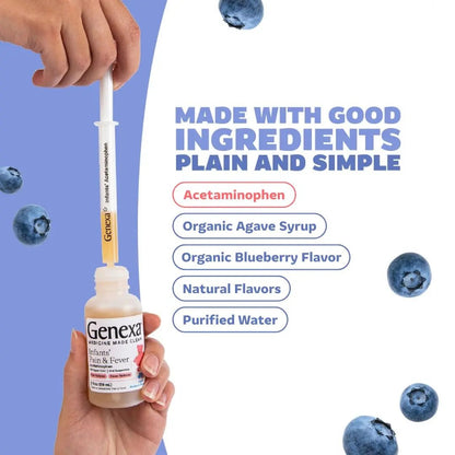 Genexa Infants' Clean Acetaminophen | Pediatrician Preferred Ingredients | Pain Reliever & Fever Reducer for Babies | Dye Free, 0% Artificial Additives | Delicious Organic Blueberry Flavor, 2 fl oz - Maple Wellness Supplements