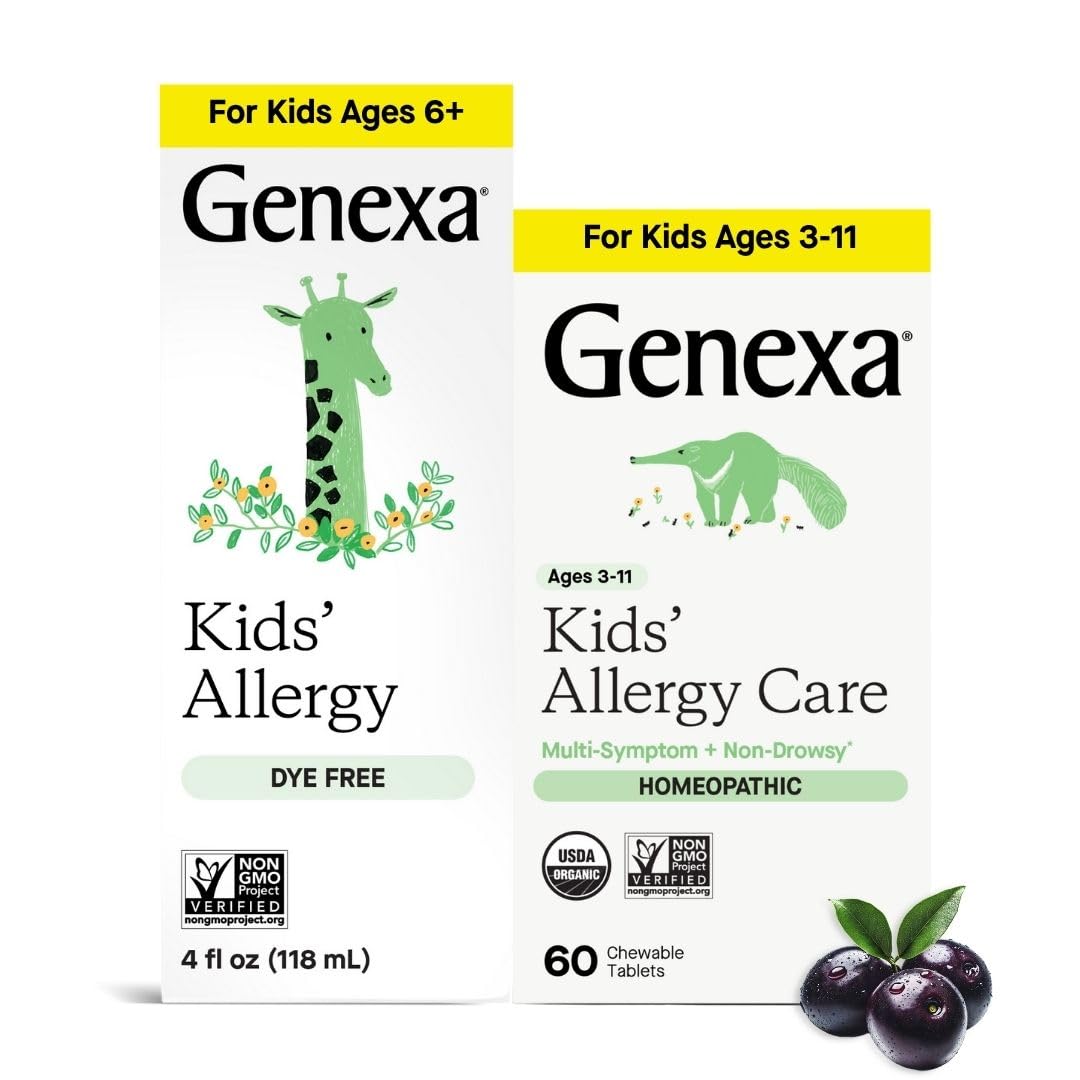 Genexa Kids Allergy Bundle | Powerful OTC Medicine + Gentle Homeopathic Remedy | Antihistamine, Relieves Runny Nose, Sneezing & Itchy Eyes | Organic Acai & Agave Flavors | Ages 6+ - Maple Wellness Supplements