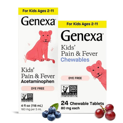 Genexa Kids' Clean Pain & Fever Acetaminophen Bundle | Relieves Fever & Minor Aches and Pain | Dye Free, 0% Artificial Additives | Chewable Tablets & Liquid Oral Suspension for Children Aged 2-11 - Maple Wellness Supplements