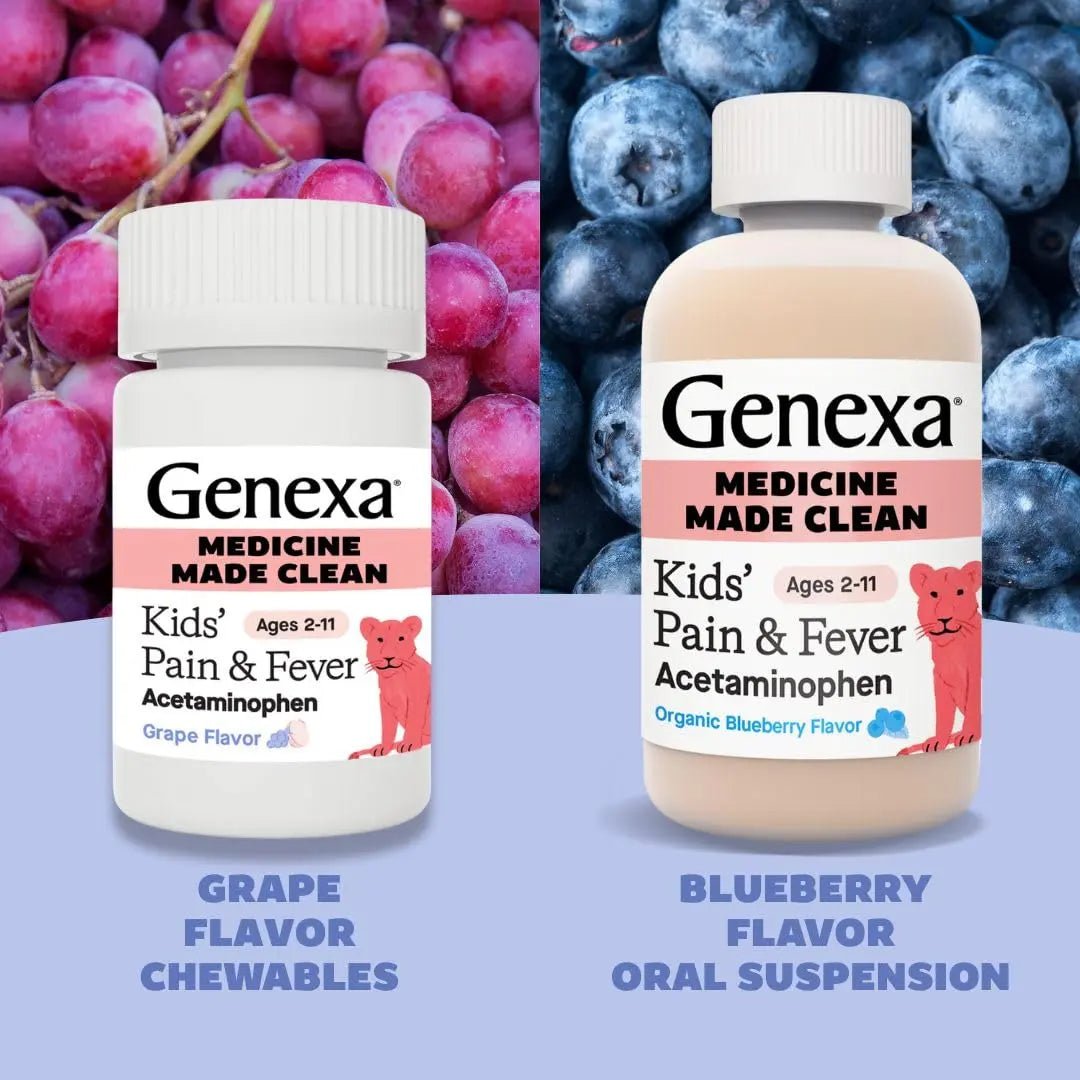 Genexa Kids' Clean Pain & Fever Acetaminophen Bundle | Relieves Fever & Minor Aches and Pain | Dye Free, 0% Artificial Additives | Chewable Tablets & Liquid Oral Suspension for Children Aged 2-11 - Maple Wellness Supplements