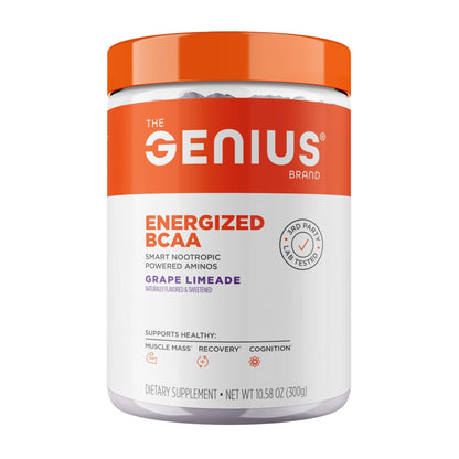 Genius BCAA Powder - 5g Vegan BCAAs L-Glutamine, Cognizin & Rhodiola Muscle Recovery Energy Support 100mg Caffeine Pre, Intra, Post-Workout Nootropic Supplement for Focus & Performance - Grape Limeade - Maple Wellness Supplements