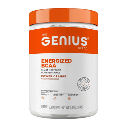 Genius BCAA Powder - 5g Vegan BCAAs L-Glutamine, Cognizin & Rhodiola Muscle Recovery Energy Support 100mg Caffeine Pre, Intra, Post-Workout Nootropic Supplement for Focus & Performance - Orange - Maple Wellness Supplements