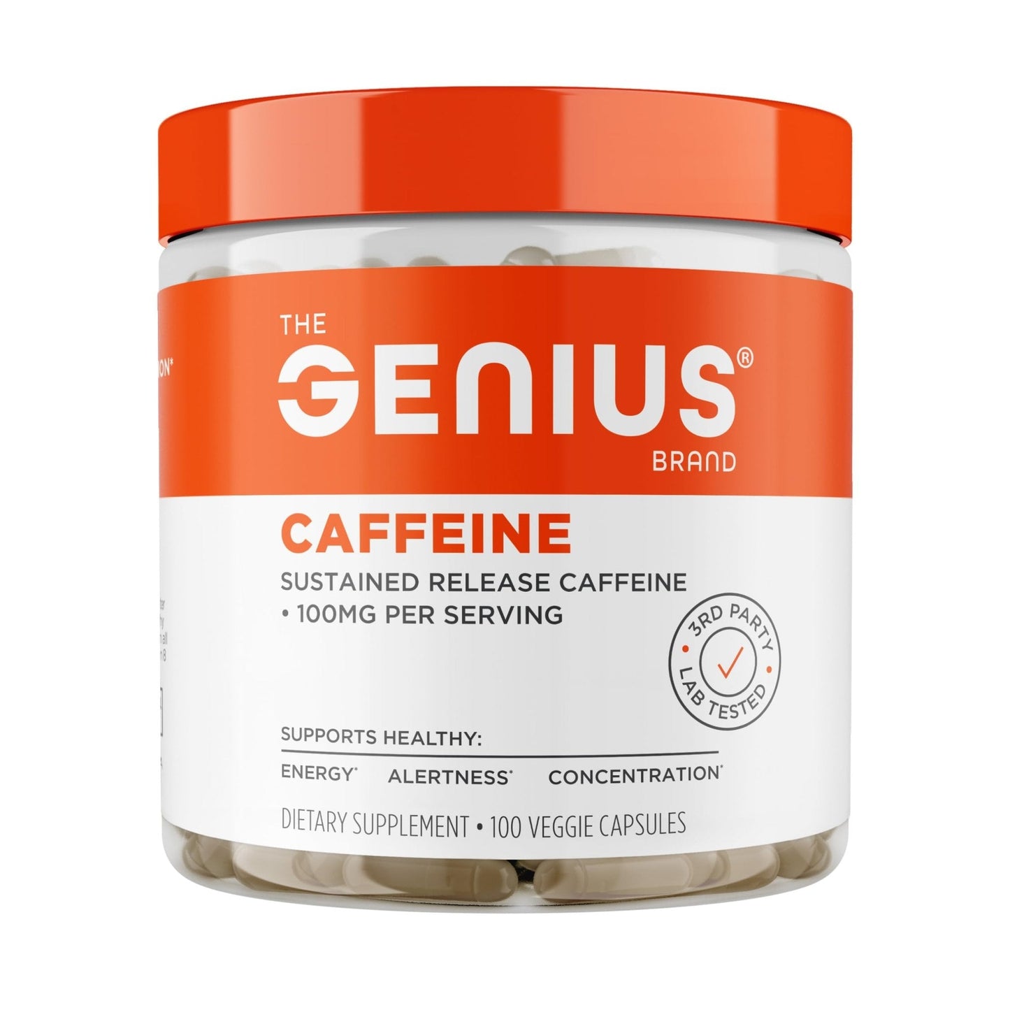 Genius Caffeine - Sustained-Release Microencapsulated Caffeine Pills for Smooth, Long-Lasting Energy & Focus - No Jitters or Crash - 100mg per Capsule - 100 Servings - Natural Performance Booster - Maple Wellness Supplements