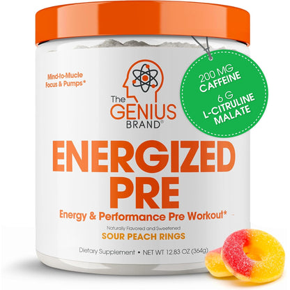 Genius Energized Pre Workout Powder – Caffeine Infused Pre-Workout Booster Supplement with Beta Alanine & Alpha GPC, No Artificial Sweeteners or Dyes - 200mg Caffeine, 20 Servings, Sour Peach Rings - Maple Wellness Supplements