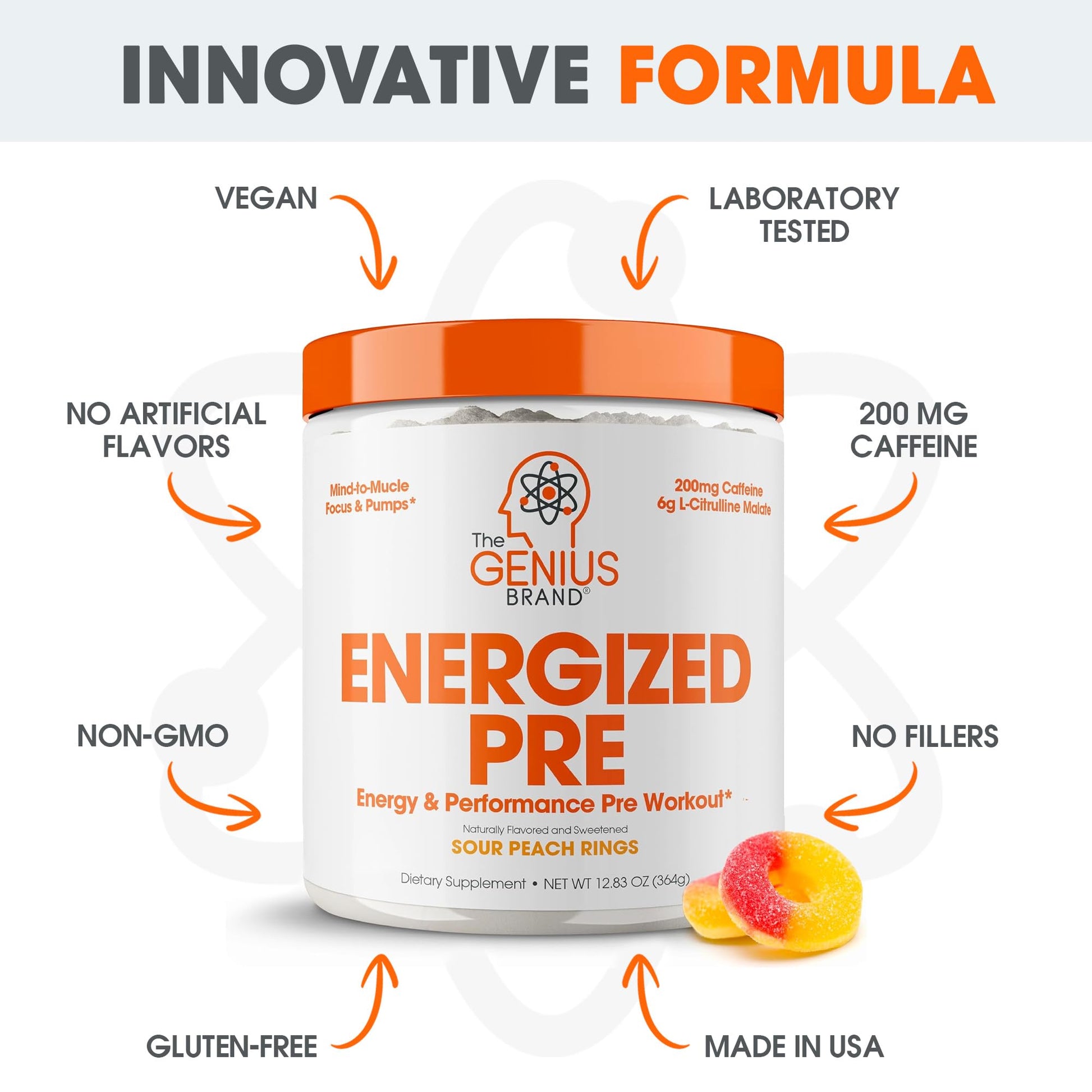 Genius Energized Pre Workout Powder – Caffeine Infused Pre-Workout Booster Supplement with Beta Alanine & Alpha GPC, No Artificial Sweeteners or Dyes - 200mg Caffeine, 20 Servings, Sour Peach Rings - Maple Wellness Supplements