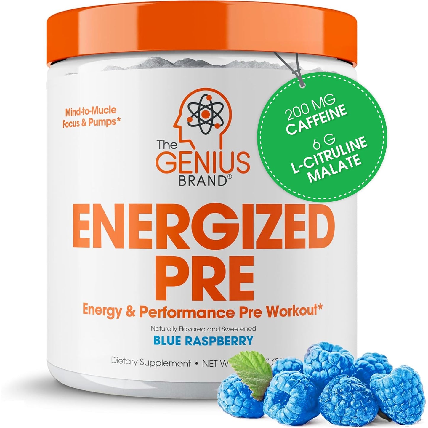 Genius Energized Pre Workout Powder – Caffeine Infused Pre-Workout Booster Supplement with Beta Alanine & Alpha GPC, No Artificial Sweeteners or Dyes - 200mg Caffeine, 20 Servings, Blue Raspberry - Maple Wellness Supplements