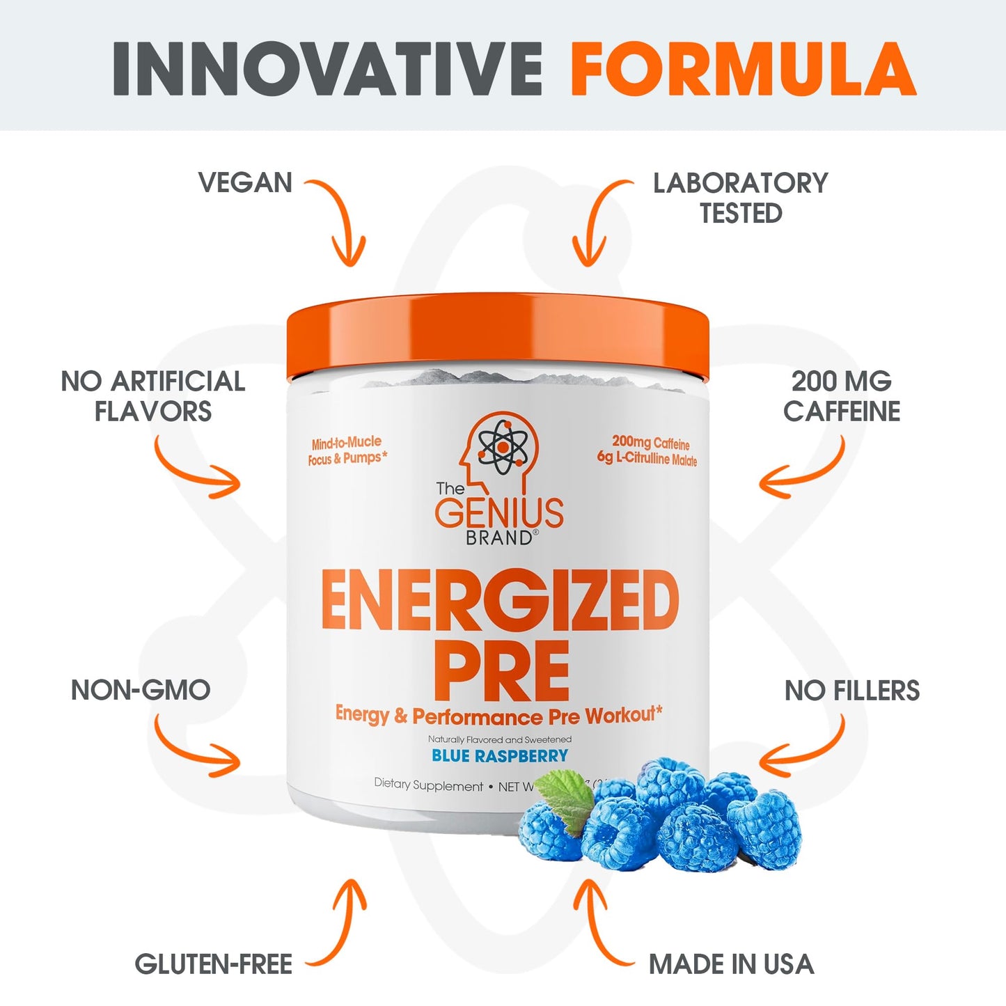 Genius Energized Pre Workout Powder – Caffeine Infused Pre-Workout Booster Supplement with Beta Alanine & Alpha GPC, No Artificial Sweeteners or Dyes - 200mg Caffeine, 20 Servings, Blue Raspberry - Maple Wellness Supplements