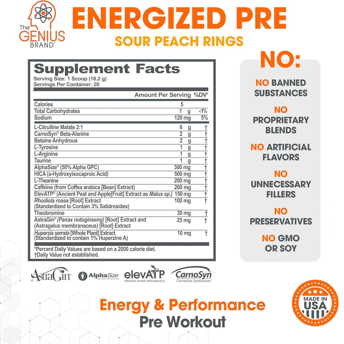 Genius Energized Pre Workout Powder – Caffeine Infused Pre-Workout Booster Supplement with Beta Alanine & Alpha GPC, No Artificial Sweeteners or Dyes - 200mg Caffeine, 20 Servings, Sour Peach Rings - Maple Wellness Supplements