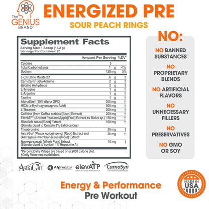 Genius Energized Pre Workout Powder – Caffeine Infused Pre-Workout Booster Supplement with Beta Alanine & Alpha GPC, No Artificial Sweeteners or Dyes - 200mg Caffeine, 20 Servings, Sour Peach Rings - Maple Wellness Supplements