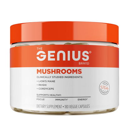 Genius Mushroom Supplement - Full-Spectrum Lion’s Mane, Cordyceps, Reishi -Daily Brain Nootropic for Energy, Focus, Memory & Overall Wellness - 180 Capsules – Organic for Mental Clarity & Performance - Maple Wellness Supplements