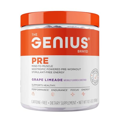 Genius Pre Caffeine-Free Pre Workout Boosted Energy, Focus, Performance Nootropic Formula AlphaSize, Citrulline Malate, CarnoSyn Beta Alanine Endurance, Stamina, Recovery, 20 Servings - Grape Limeade - Maple Wellness Supplements