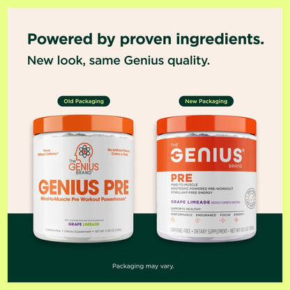 Genius Pre Caffeine-Free Pre Workout Boosted Energy, Focus, Performance Nootropic Formula AlphaSize, Citrulline Malate, CarnoSyn Beta Alanine Endurance, Stamina, Recovery, 20 Servings - Grape Limeade - Maple Wellness Supplements