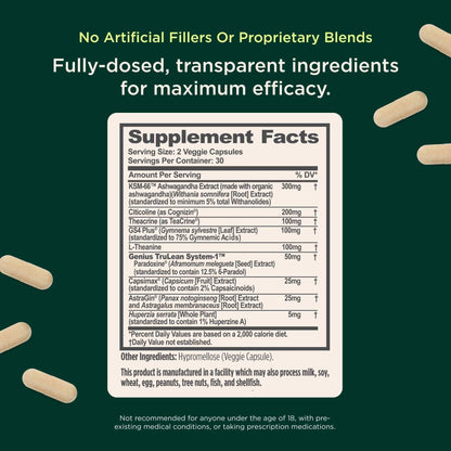 Genius Thermogenic Fat Burner, 60 Diet Veggie Pills - Weight Loss & Metabolism Supplement, Appetite Suppressant & Energy Booster - Caffeine-Free Nootropic Focus & Brain Boost - Ashwagandha & TeaCrine - Maple Wellness Supplements