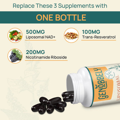 GENOBBELY 800 mg Liposomal NAD+ Supplement with Nicotinamide Riboside 200 mg, Trans-Resveratrol 100 mg - True NAD Supplement for DNA Repair, Healthy Aging, Brain Function - 60-Day Supply - Maple Wellness Supplements