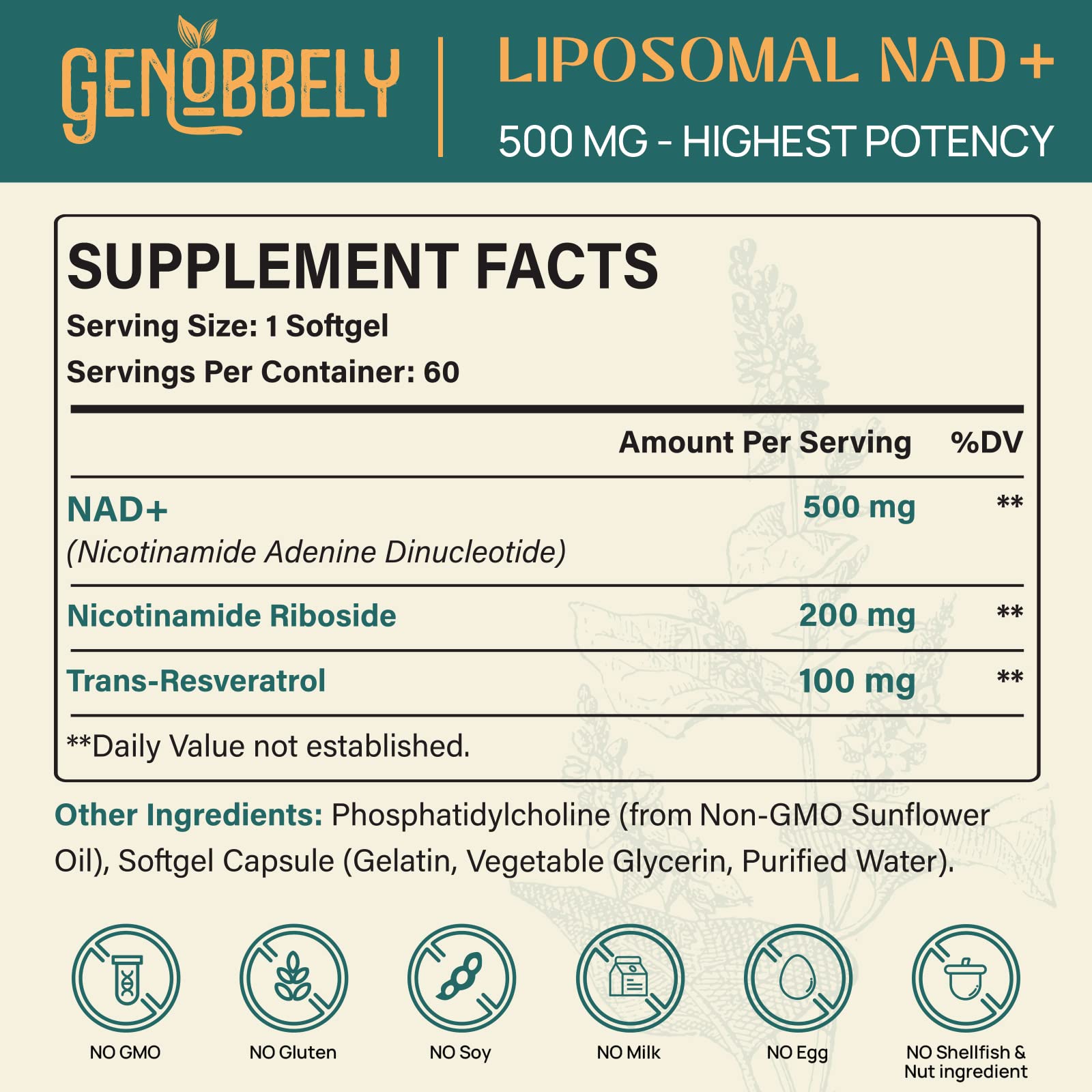GENOBBELY 800 mg Liposomal NAD+ Supplement with Nicotinamide Riboside 200 mg, Trans-Resveratrol 100 mg - True NAD Supplement for DNA Repair, Healthy Aging, Brain Function - 60-Day Supply - Maple Wellness Supplements